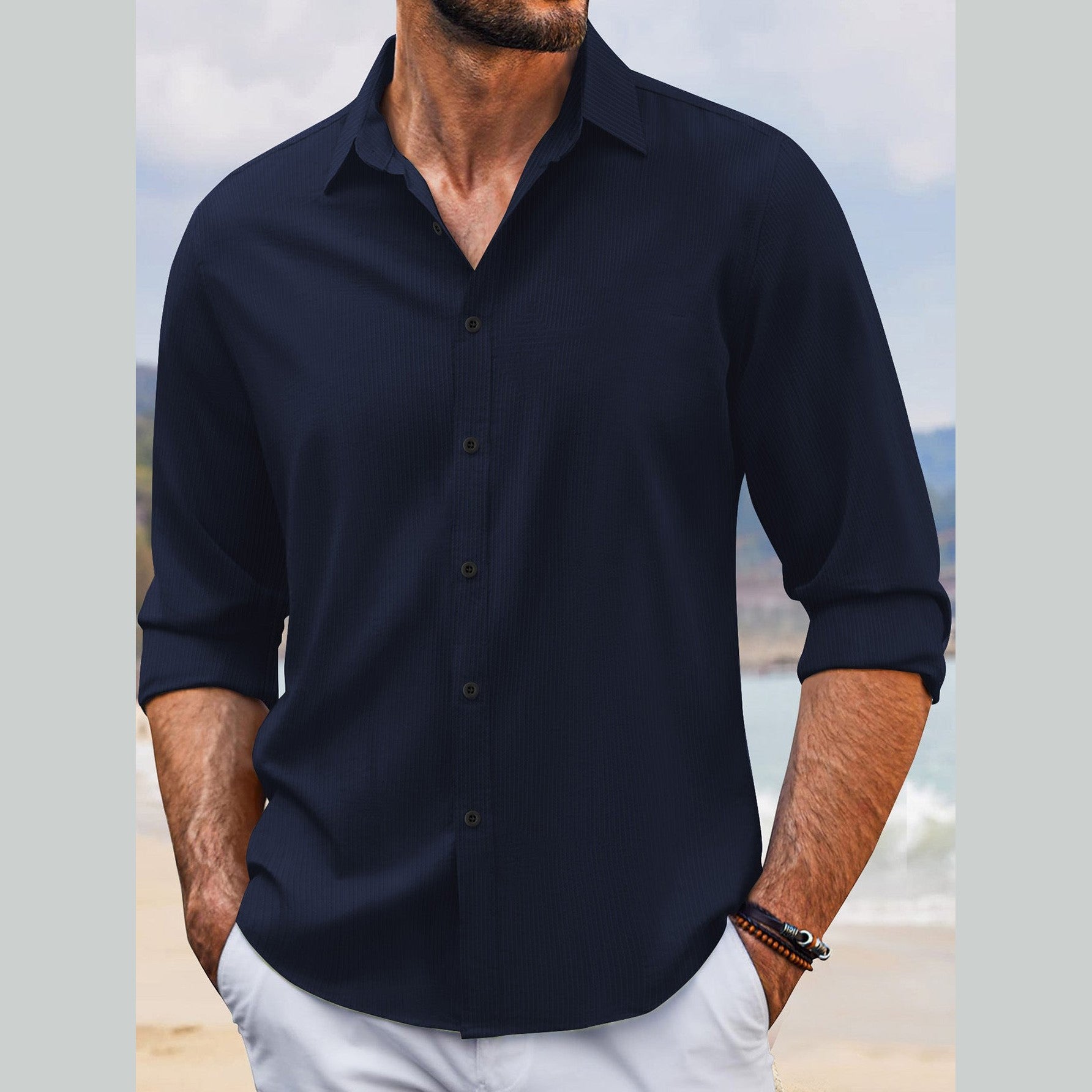 Spring And Autumn Jacquard Casual Men's Lapel Long Sleeve Shirt