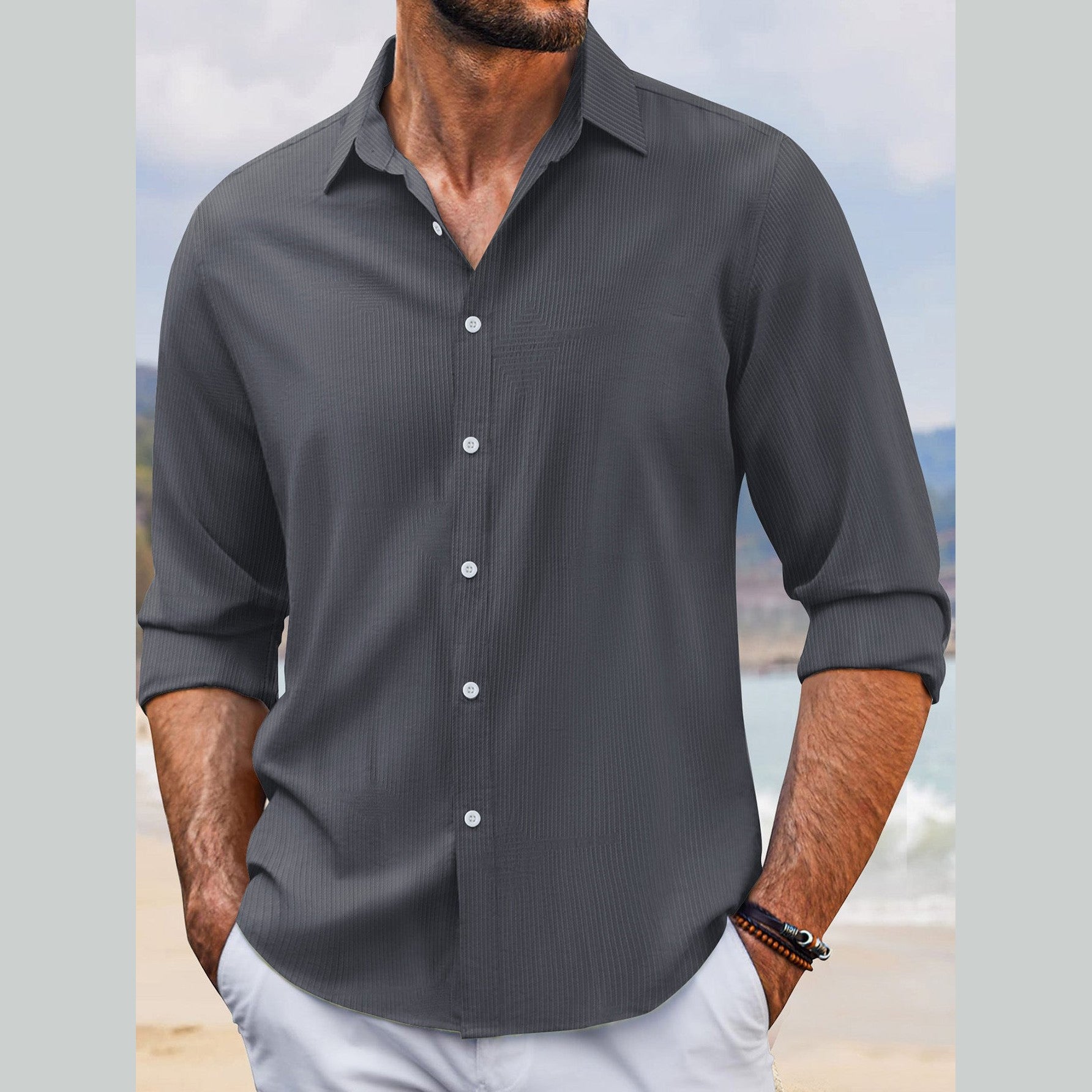 Spring And Autumn Jacquard Casual Men's Lapel Long Sleeve Shirt