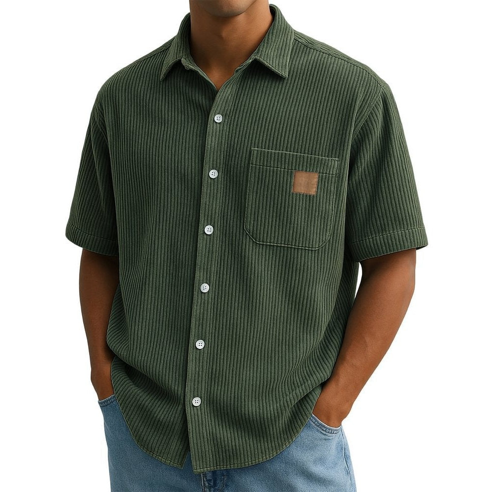 Versatile Leisure Corduroy Leather Sticker Pocket Short Sleeve Shirt