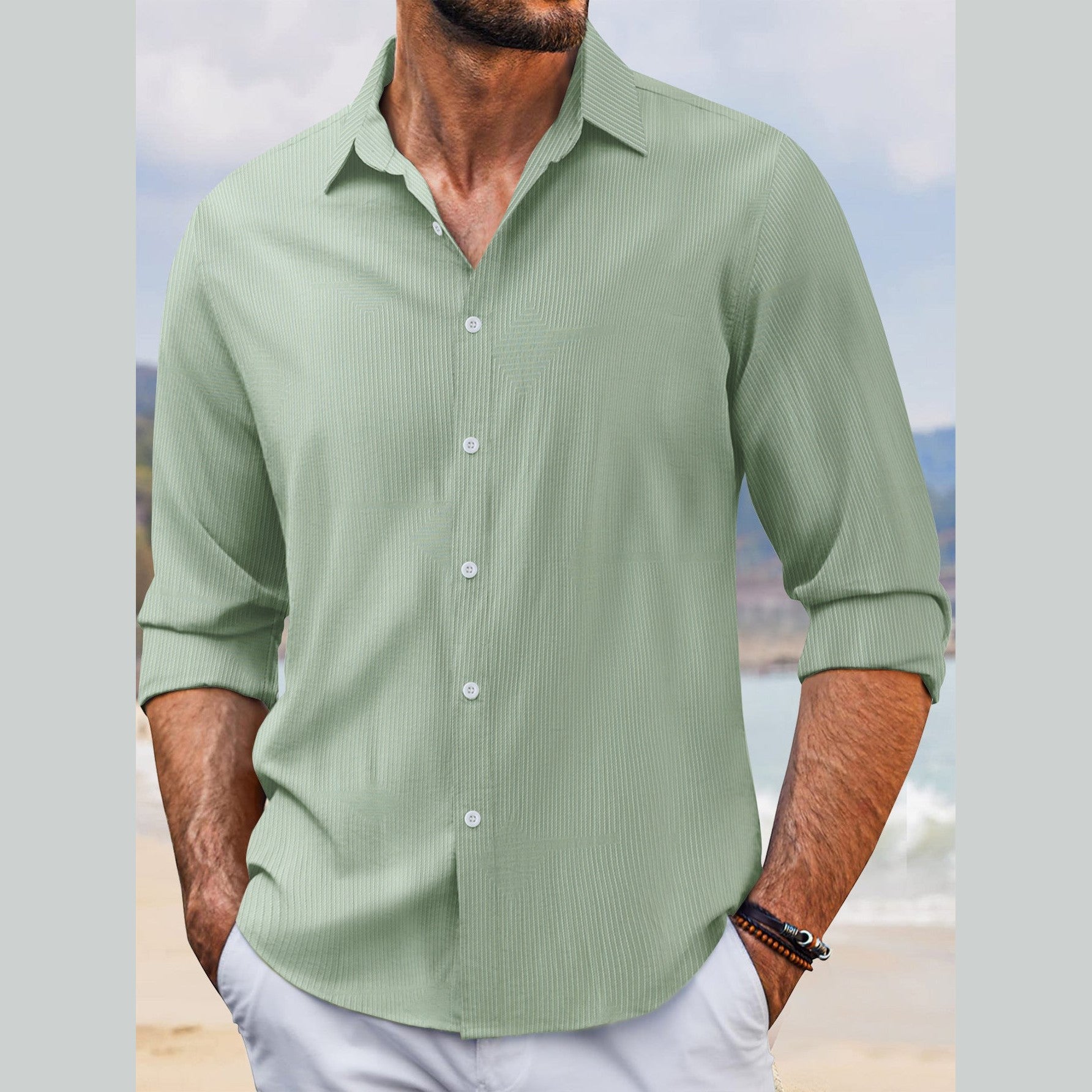 Spring And Autumn Jacquard Casual Men's Lapel Long Sleeve Shirt
