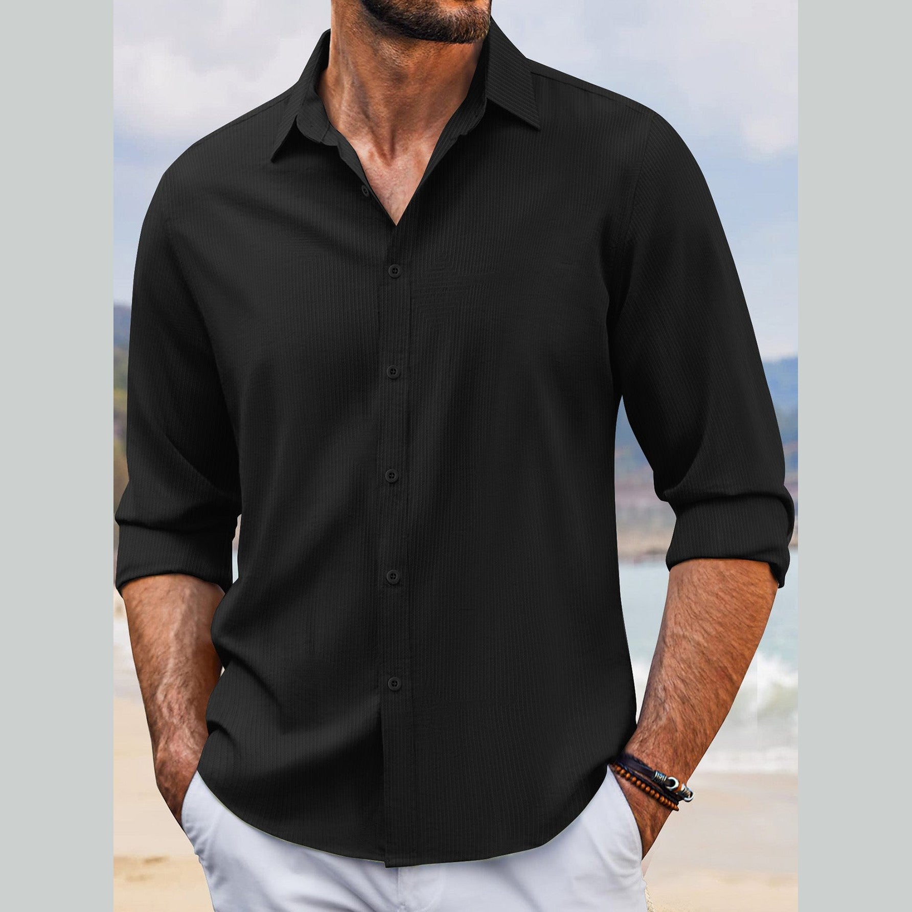 Spring And Autumn Jacquard Casual Men's Lapel Long Sleeve Shirt