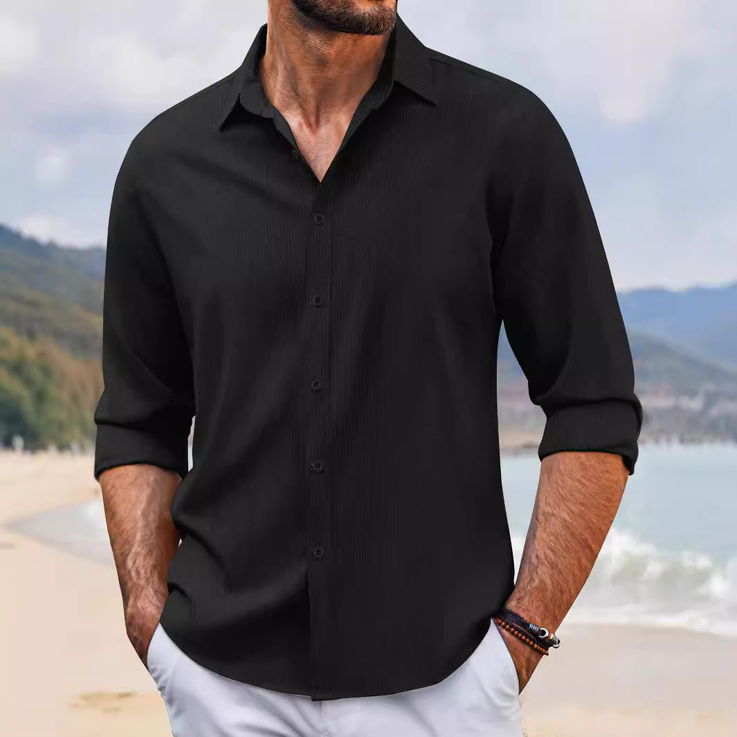 Spring And Autumn Jacquard Casual Men's Lapel Long Sleeve Shirt
