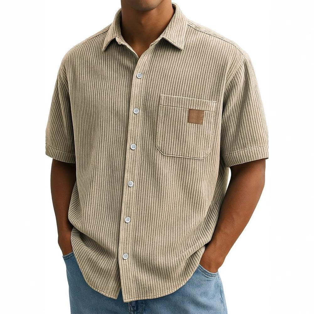 Versatile Leisure Corduroy Leather Sticker Pocket Short Sleeve Shirt