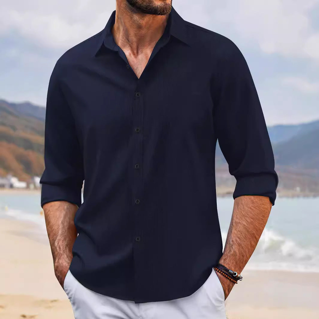 Spring And Autumn Jacquard Casual Men's Lapel Long Sleeve Shirt