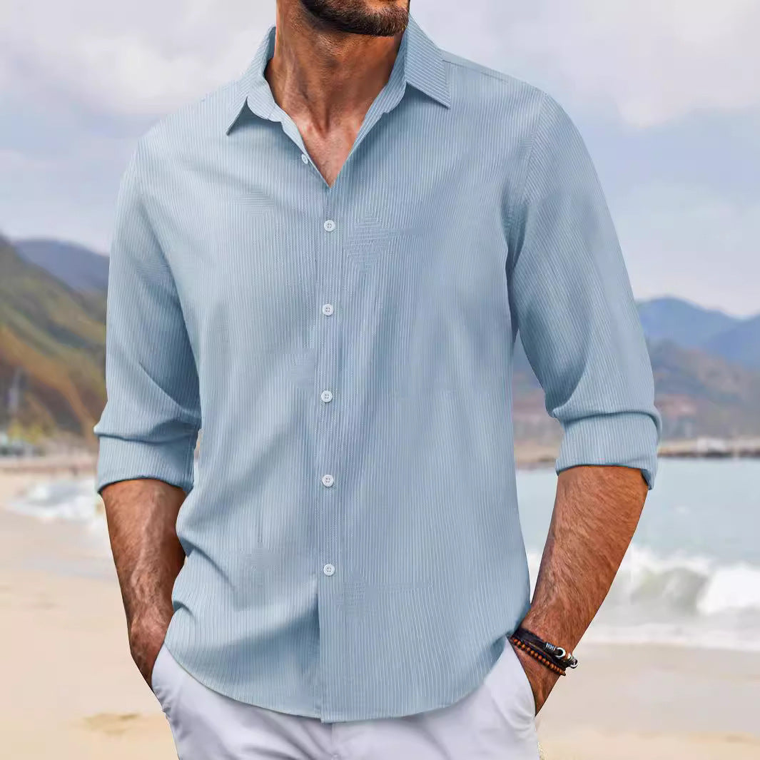 Spring And Autumn Jacquard Casual Men's Lapel Long Sleeve Shirt